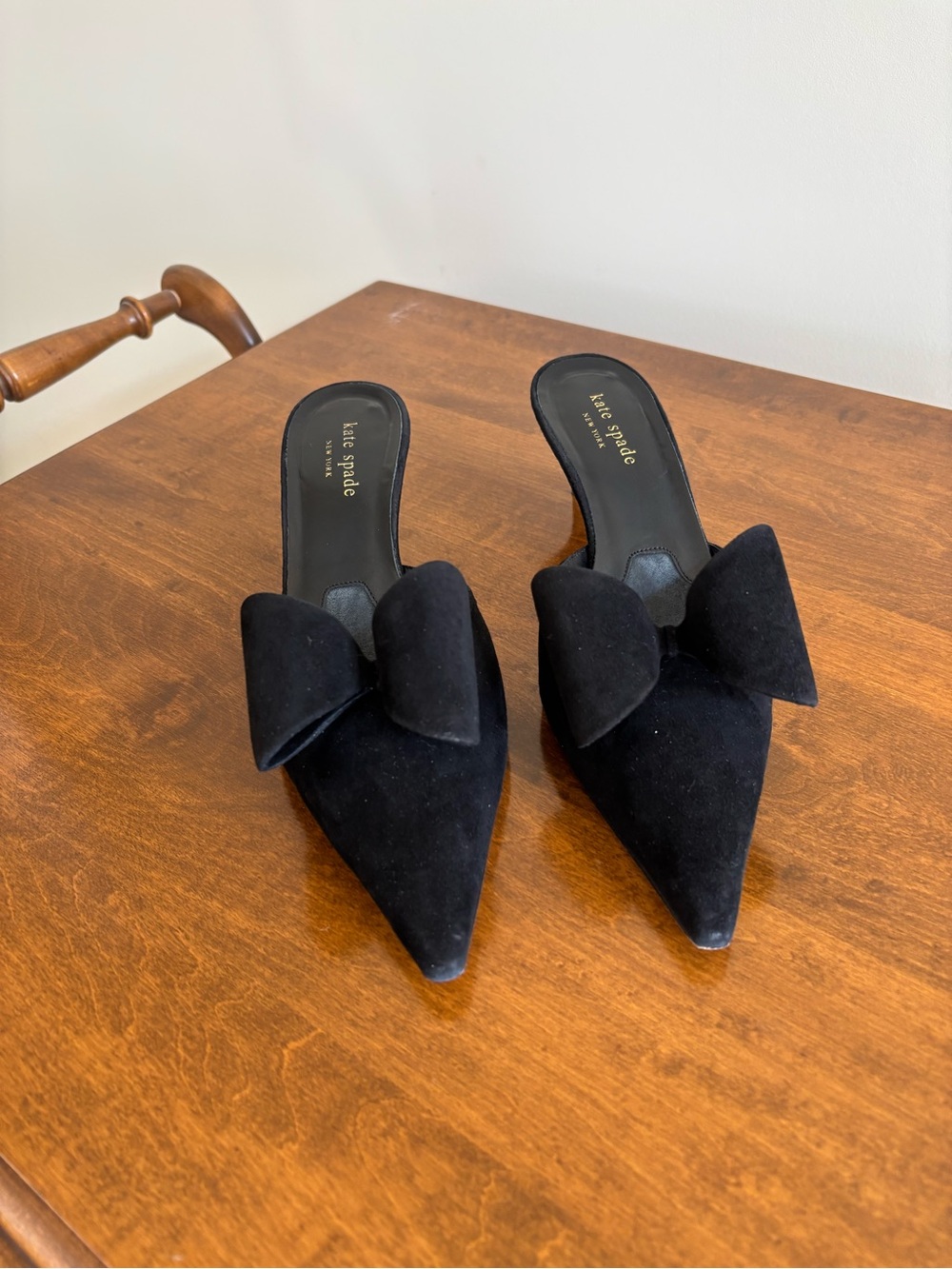 kate spade black suede pointed bow mules